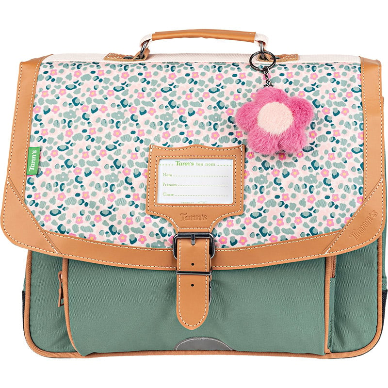 cartable-vert-fleurs-roses